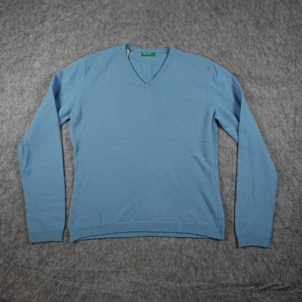 Vintage United Colors Benetton Sweater Women Medium Blue Wool VNeck Long Sleeve